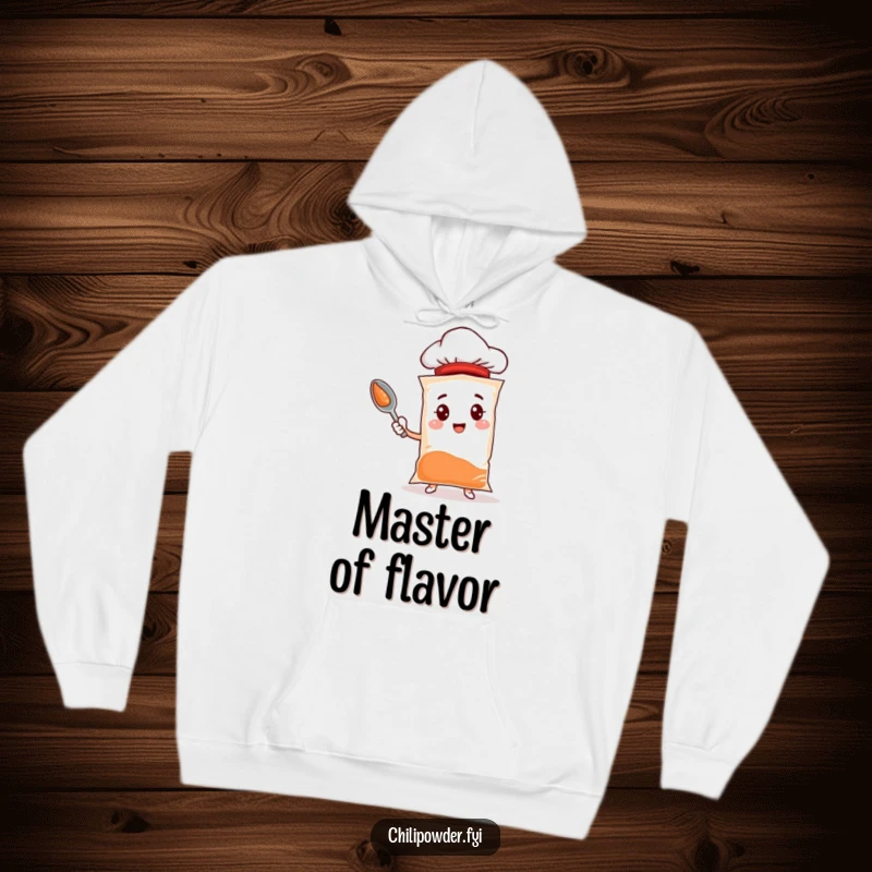 Funny chili powder hoodie featuring a spice bag character with a tiny chef hat, ready to cook up smiles and warmth.