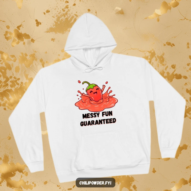 Funny Hoodie: Kawaii chili powder character joyfully splashing in red sauce, embodying playful energy, a cozy and humorous gift for all ages.