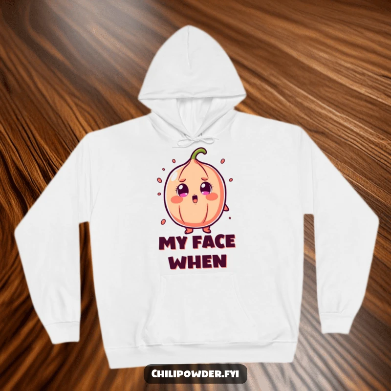 Funny chili powder hoodie depicting a character with cartoonish shock and wide eyes, offering comfort and humorous surprise.