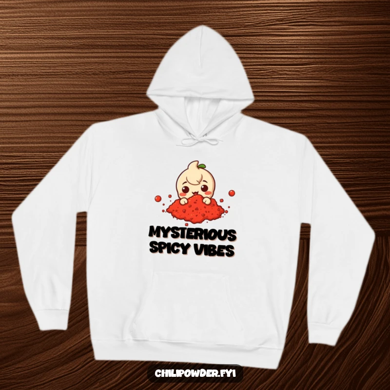 Funny hoodie depicting a chili powder character peeking curiously from a vibrant cloud of red chili powder, offering cozy fun.