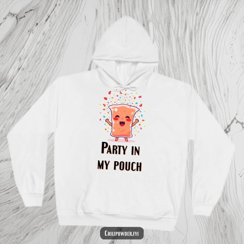 Funny chili powder hoodie featuring a spice bag character bursting with colorful confetti, perfect for staying warm and festive.
