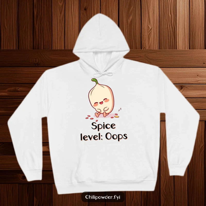 Funny chili powder character dusting itself off with a smile on a cozy hoodie, emanating warmth and humor.
