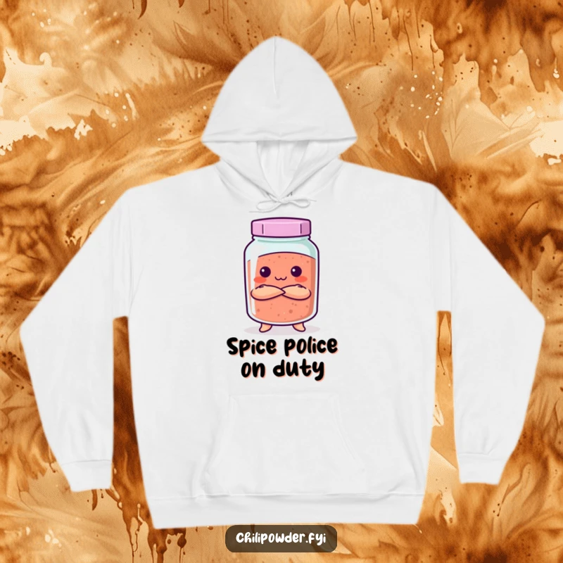 Funny Kawaii chili powder jar standing sternly with arms crossed on a comfortable hoodie, exuding playful authority.