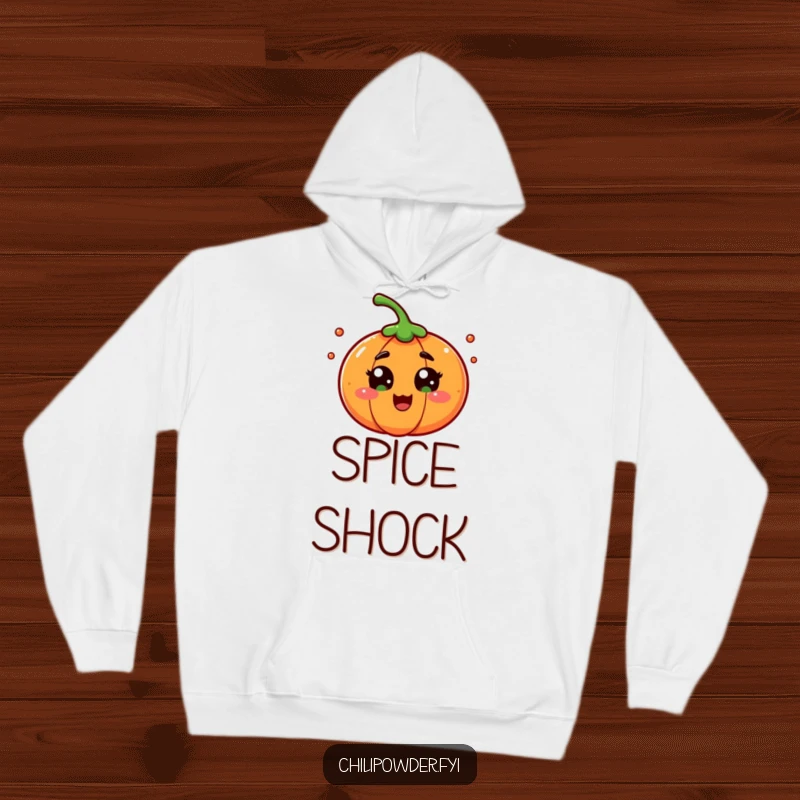 A chili powder character with wide eyes in playful surprise, printed on a soft hoodie for humorous comfort and warmth.