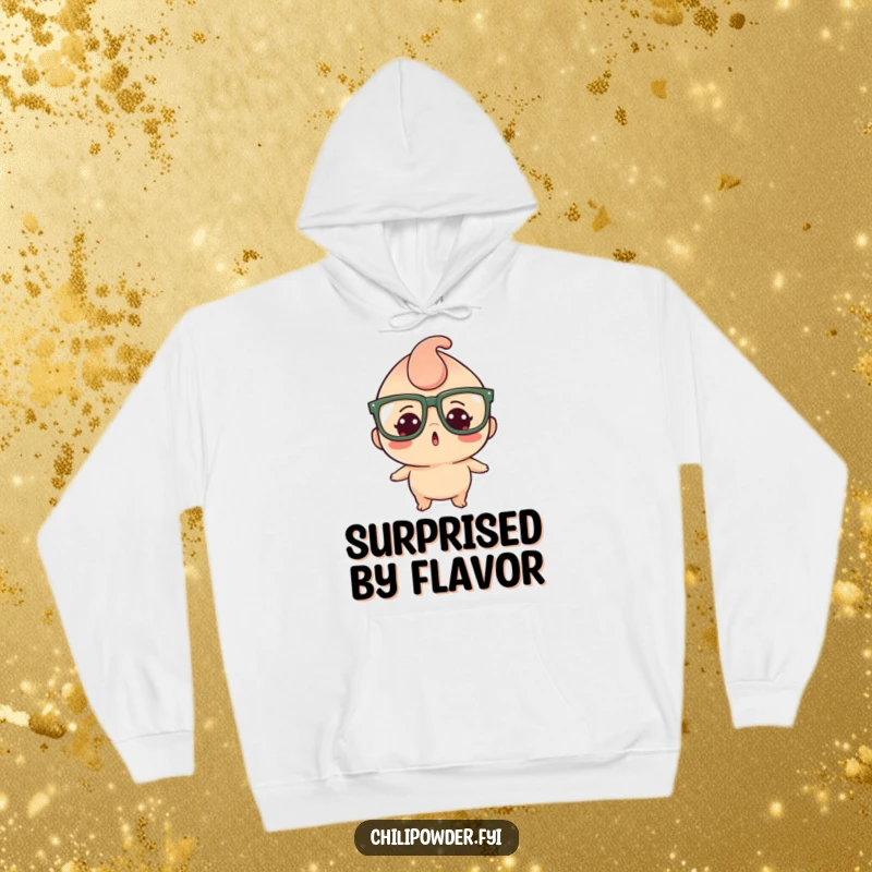Funny hoodie depicting a kawaii chili powder character wearing oversized glasses, looking comically surprised and absolutely adorable.