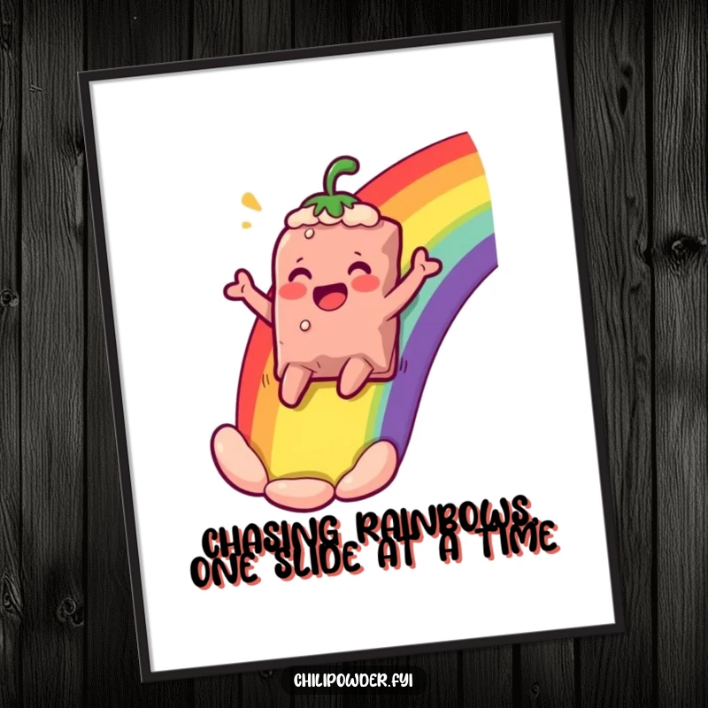 Funny Free Printable Wall Art: Chili bag comically sliding down a rainbow, cheering with an ecstatic expression.