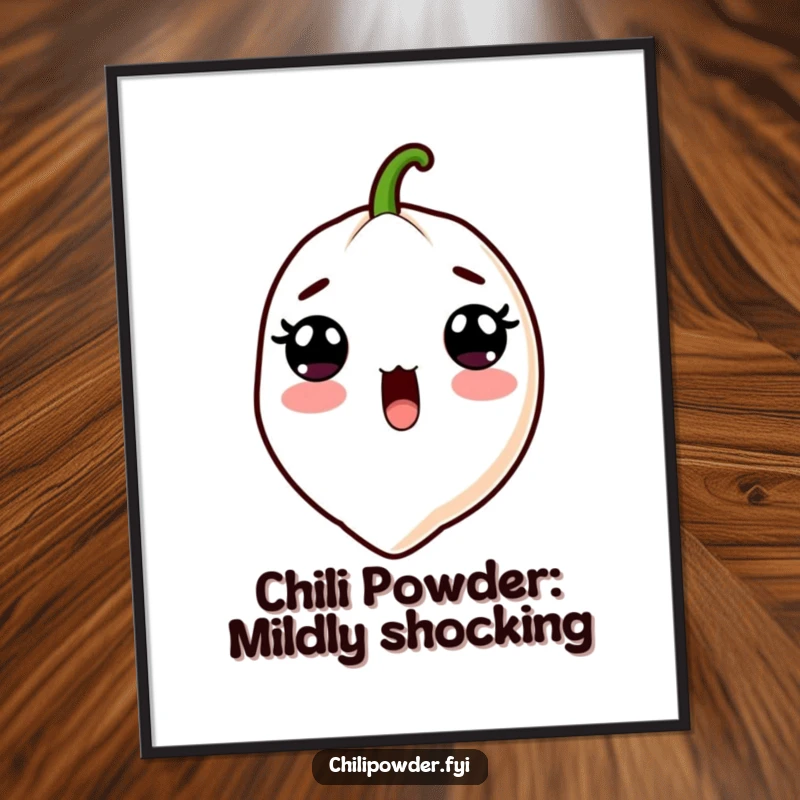 Funny free printable wall art: Cute kawaii chili powder with surprised eyes and open mouth, a humorous and eye-catching digital download.