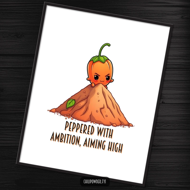 Funny Free Printable Wall Art: A chili powder element with a determined face bravely scaling a tiny pepper mountain.