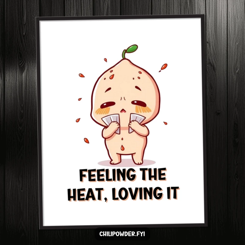 Funny Free Printable Wall Art of a chili powder character sweating profusely and fanning itself dramatically.