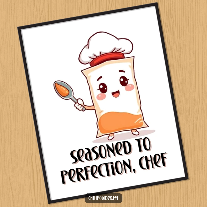 Funny Free Printable Wall Art: A chili powder bag character in a tiny chef hat proudly holds up a spoon.