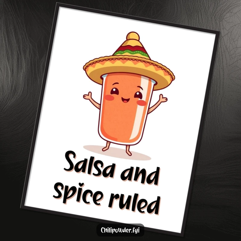 Funny Free Printable Wall Art: A chili powder container wearing a small sombrero, performing a lively samba dance, adding festive flair.