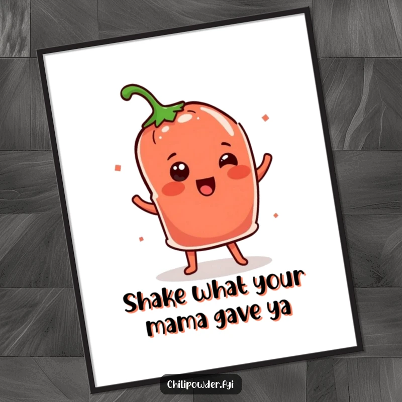 Funny Free Printable Wall Art: A cheerful Kawaii chili powder pouch doing a silly shimmy dance, bringing vibrant energy to any room.