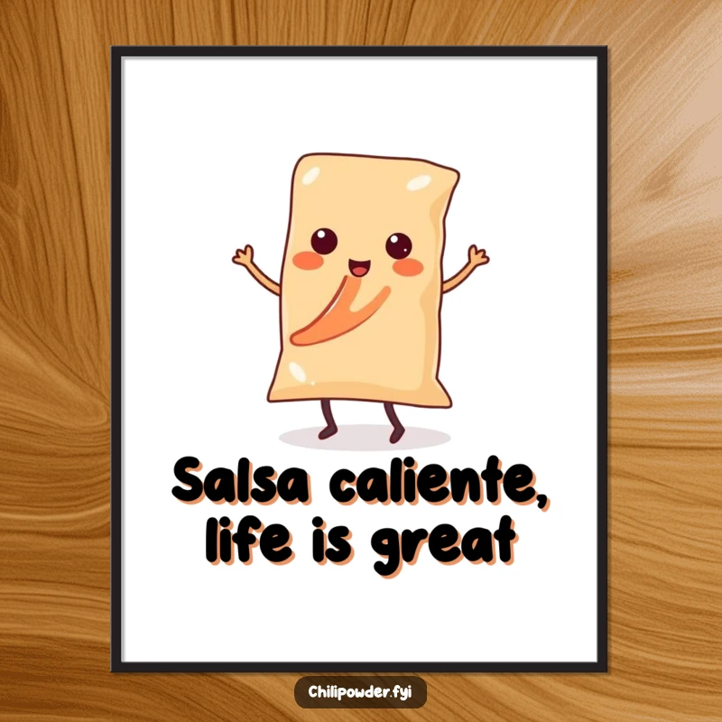 Funny Free Printable Wall Art: A kawaii chili powder bag with tiny legs performing a lively salsa dance. Adds a humorous and artistic touch.