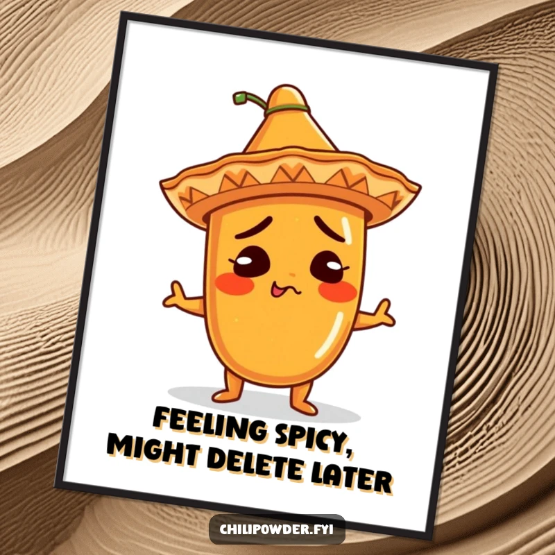 Funny Free Printable Wall Art: A kawaii chili powder character wearing a tiny sombrero shrugs comically.