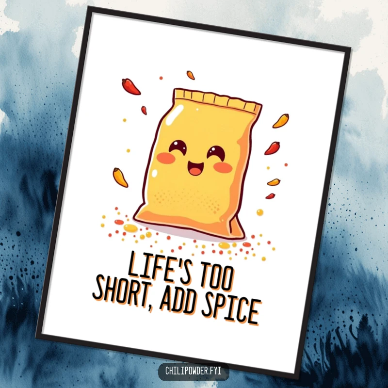 Funny Free Printable Wall Art: A smiling Kawaii chili powder bag joyfully scattering colorful spices, adding a vibrant touch to decor.