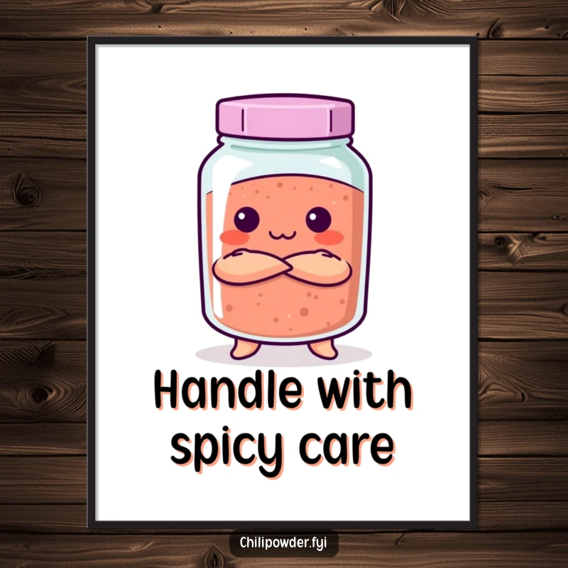 Funny Free Printable Wall Art: A kawaii chili powder jar with arms crossed, exuding a stern yet playful attitude. Humorous and decorative.