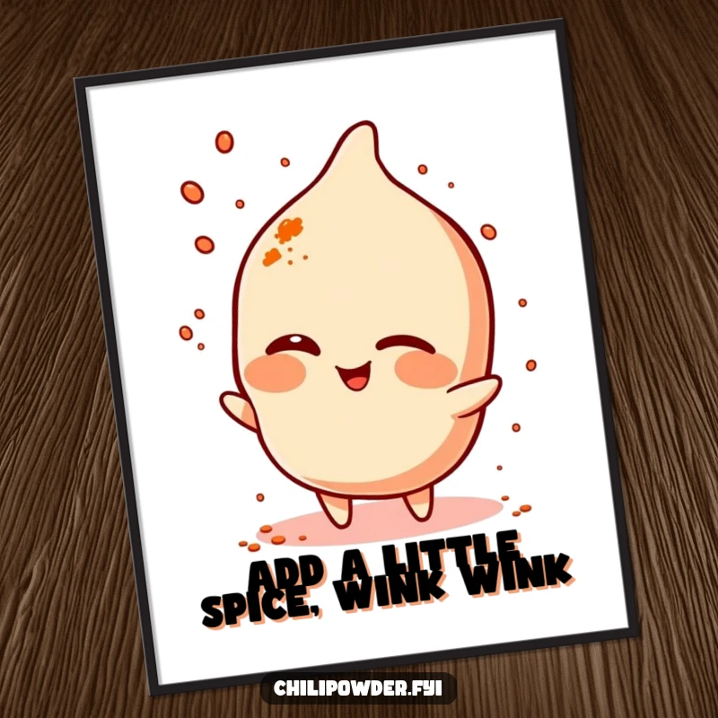 Funny Free Printable Wall Art: Chili powder character winking playfully while sprinkling a pinch of spice, adding flair.