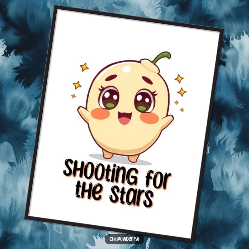 Funny free printable wall art of a surprised chili powder character with wide eyes shooting tiny comets.
