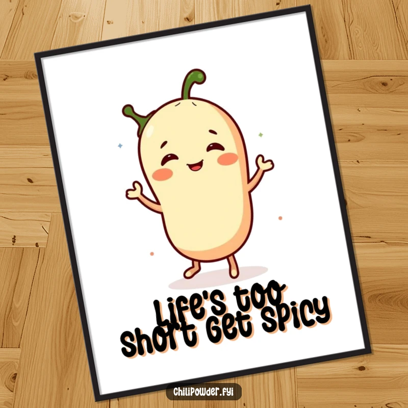 Funny free printable wall art, a chili powder character in a silly, joyful jig. Perfect humorous downloadable decor.