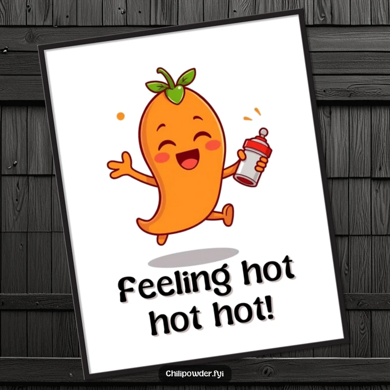 Funny Free Printable Wall Art: A chili powder character is captured mid-leap, excitedly shaking a tiny spice shaker.