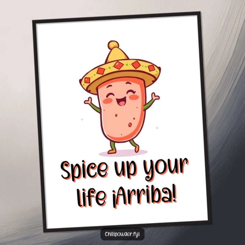 Funny Free Printable Wall Art of a kawaii chili powder shaker wearing a sombrero and dancing energetically. Festive and playful decor.