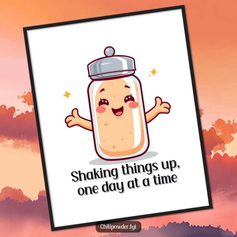 Funny Free Printable Wall Art of a kawaii chili powder shaker with a wide smile, arms outstretched for a cheerful embrace. Quirky decor.