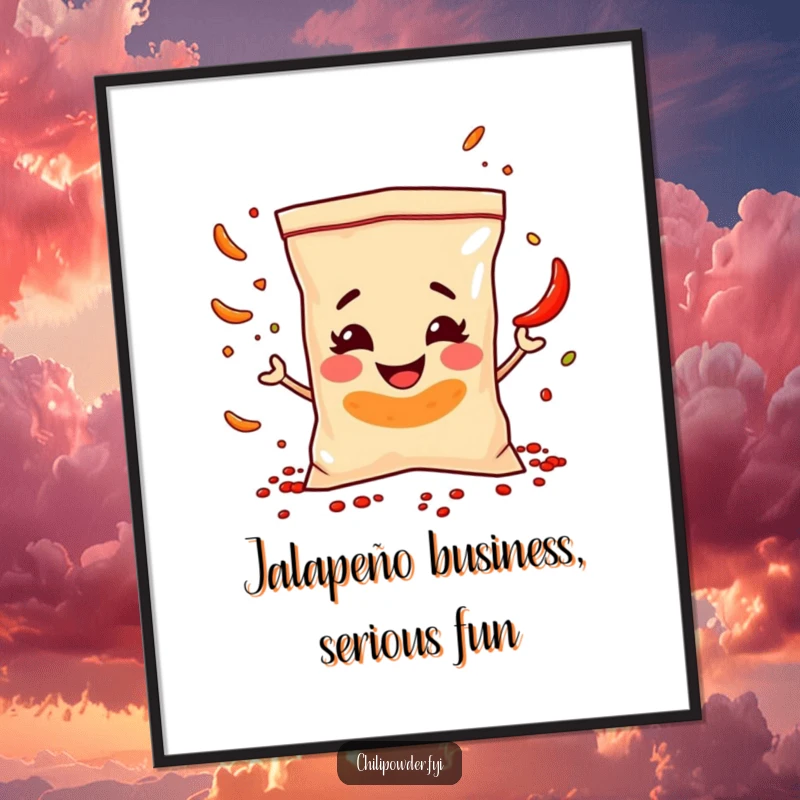 Funny Free Printable Wall Art: A chili bag with a mischievous smile, juggling tiny spice flakes mid-air.