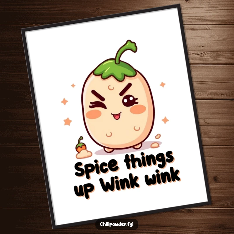 Funny Free Printable Wall Art of a kawaii chili powder shaker giving a mischievous wink and grin. Playful and quirky decor element.