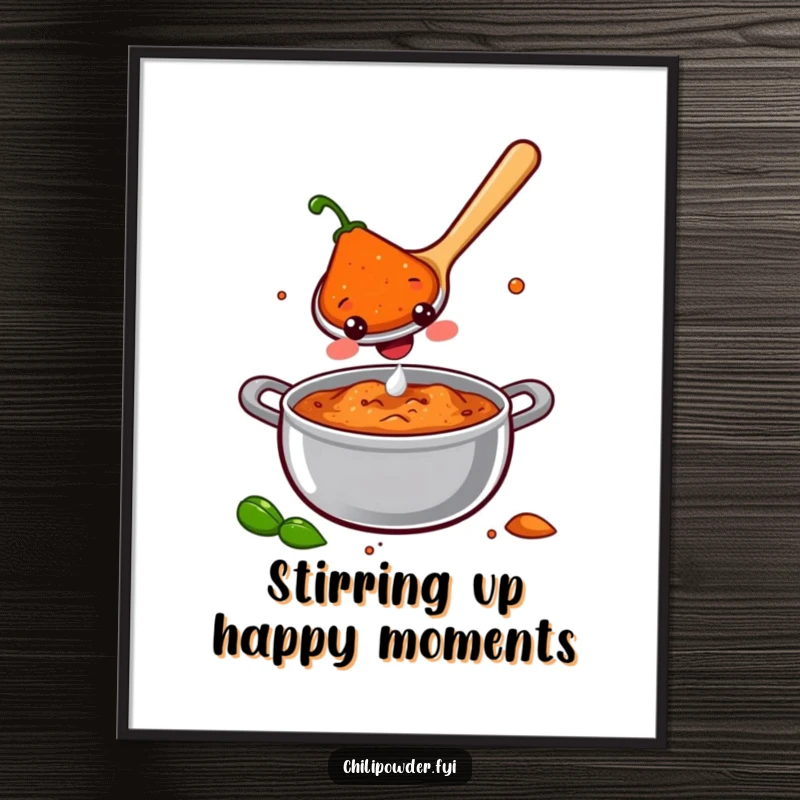 Funny Free Printable Wall Art of a smiling chili powder spoon stirring a pot brimming with joy and positive vibes.