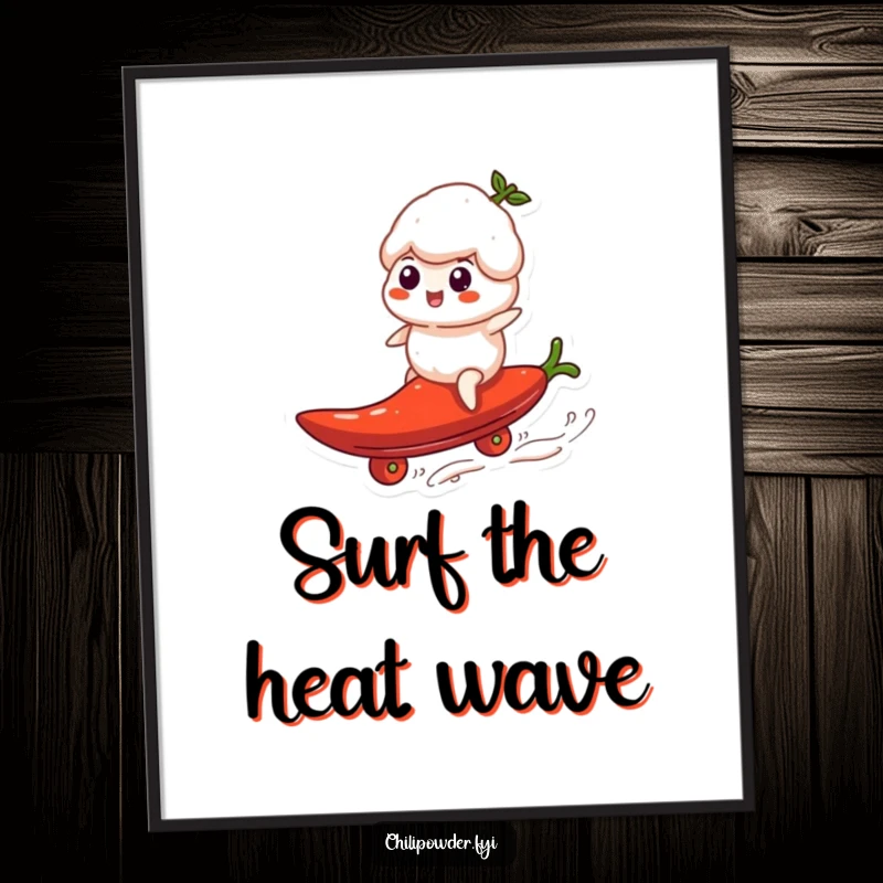 Funny Free Printable Wall Art: Chili puff expertly surfing a rolling pepper on the ocean.