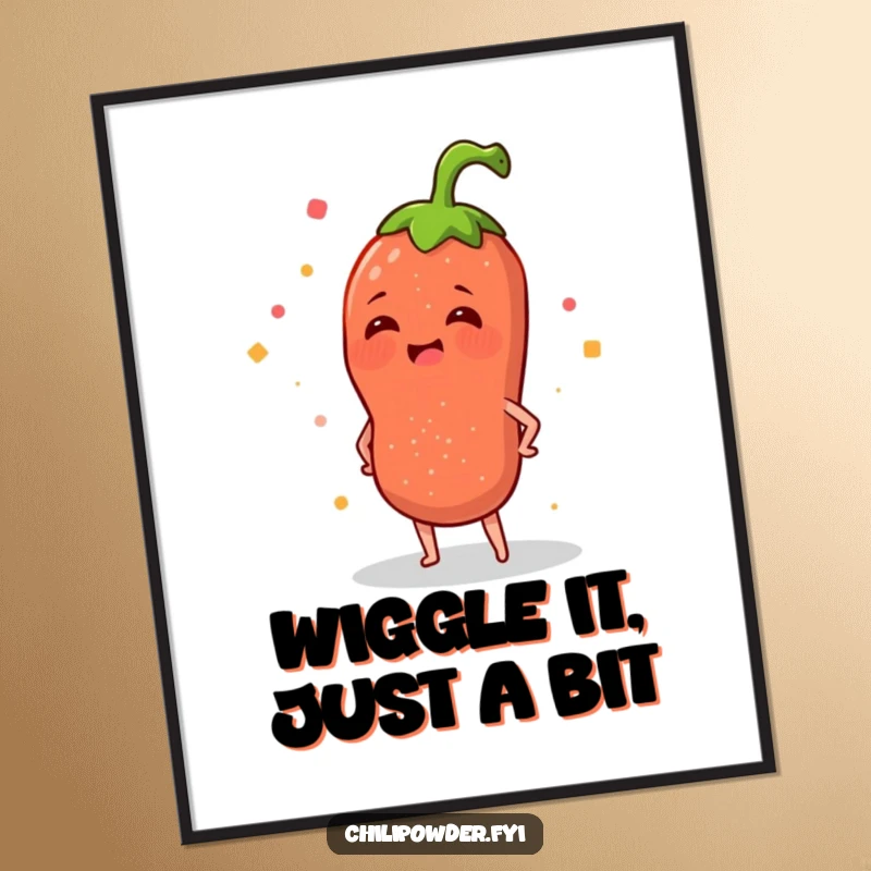Funny free printable wall art, a chili powder sprinkle wiggling its hips merrily. Whimsical and fun.