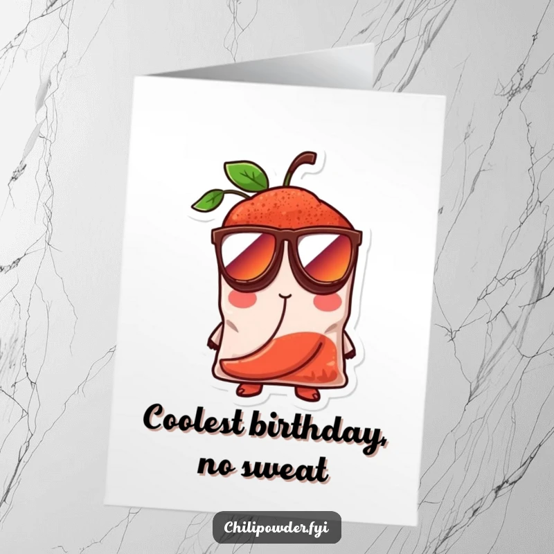Funny Free Printable Birthday Card: Chili bag wearing oversized sunglasses, looking super cool and confident.