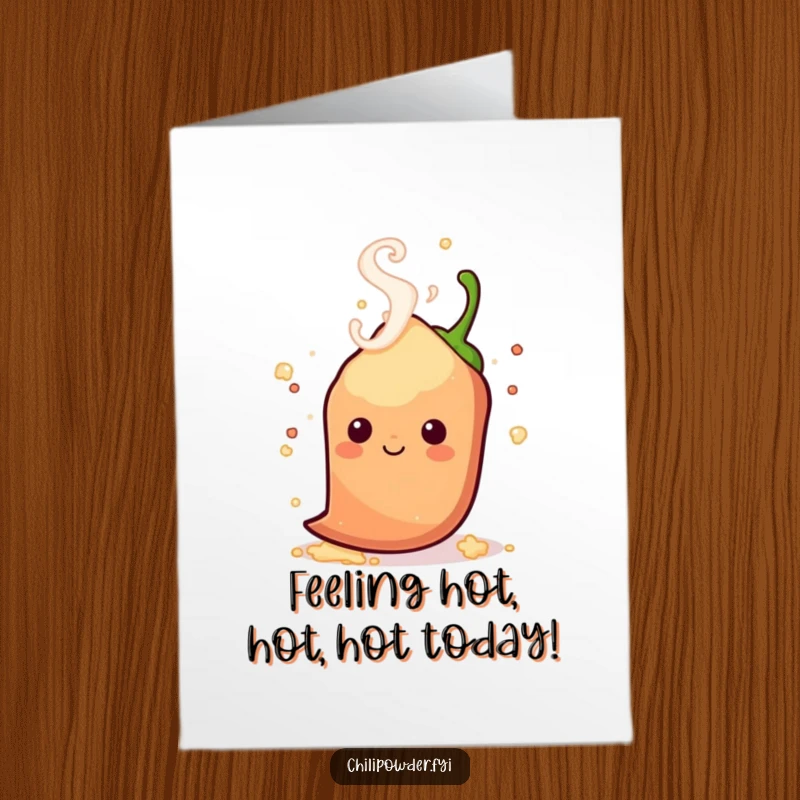 Funny Free Printable Birthday Card with a kawaii chili powder shaker, steam swirling playfully around its head. A hot and spicy birthday message.
