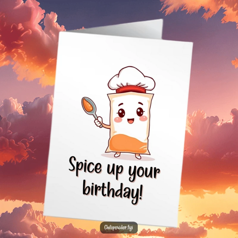 Funny Free Printable Birthday Card: Chili powder bag character in a chef hat proudly holds a spoon, ready to cook.