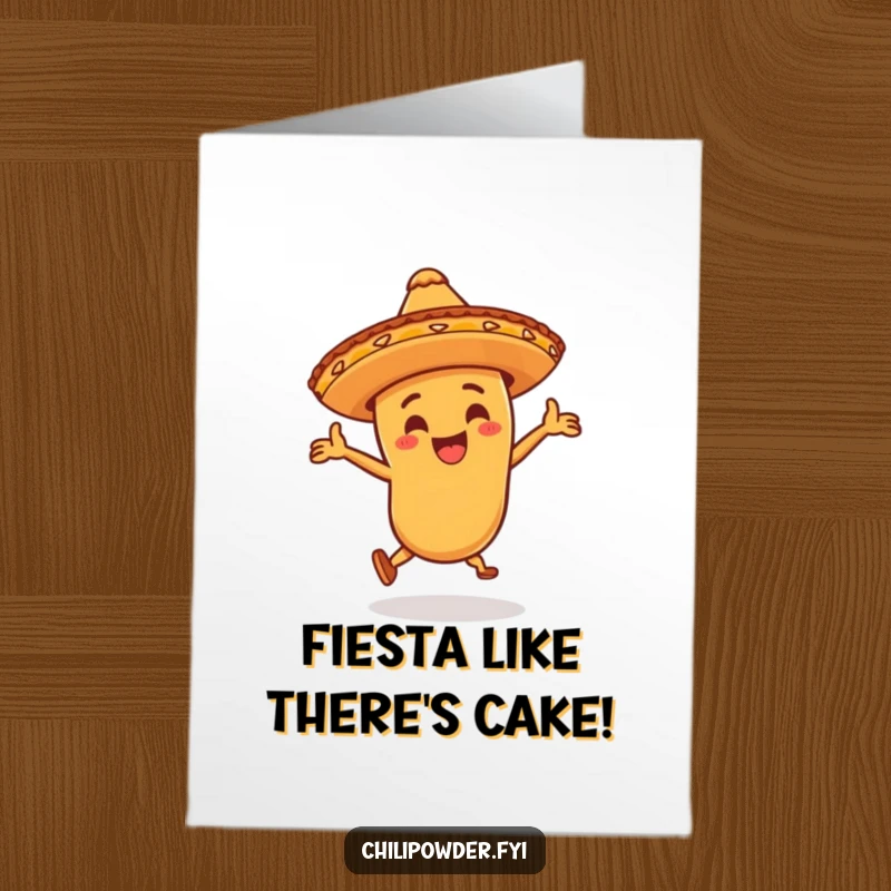 Funny Free Printable Birthday Card: A chili powder character in a sombrero dances wildly with fiesta joy.