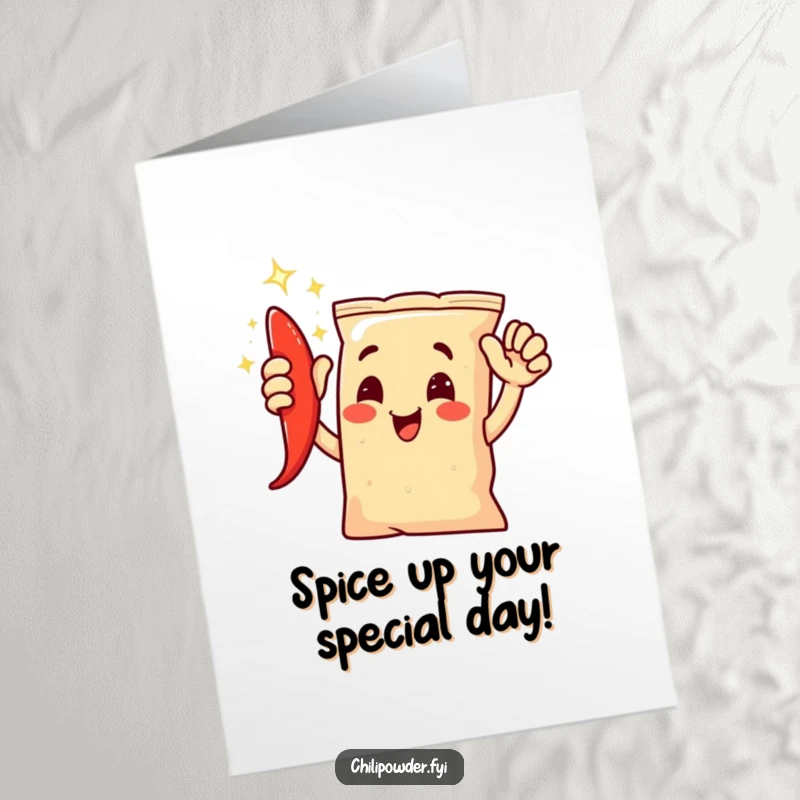 Funny Free Printable Birthday Card: Chili bag character giving an enthusiastic high-five with a joyful shimmer.