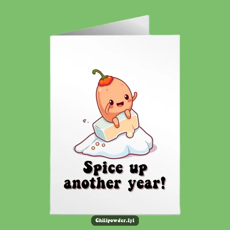 Free Printable Birthday Card: Funny Kawaii Chili Riding Melting Ice - Hilarious Downloadable Gift