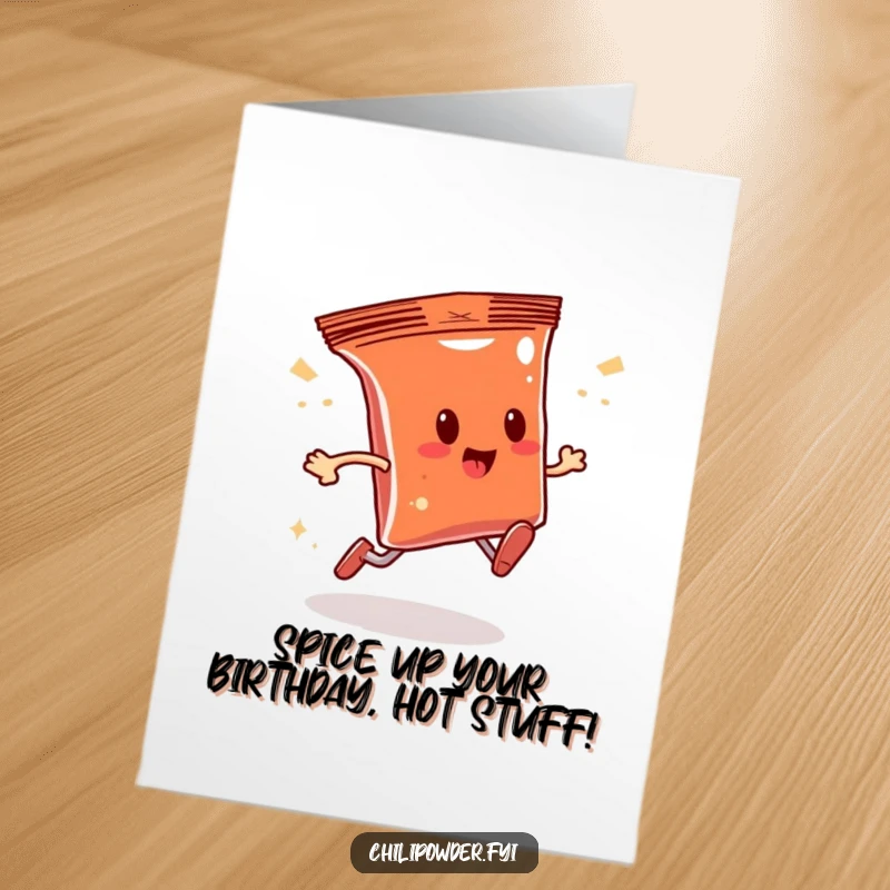 Funny Free Printable Birthday Card: Chili bag running fast with sparkles, celebrating with speed and joy.