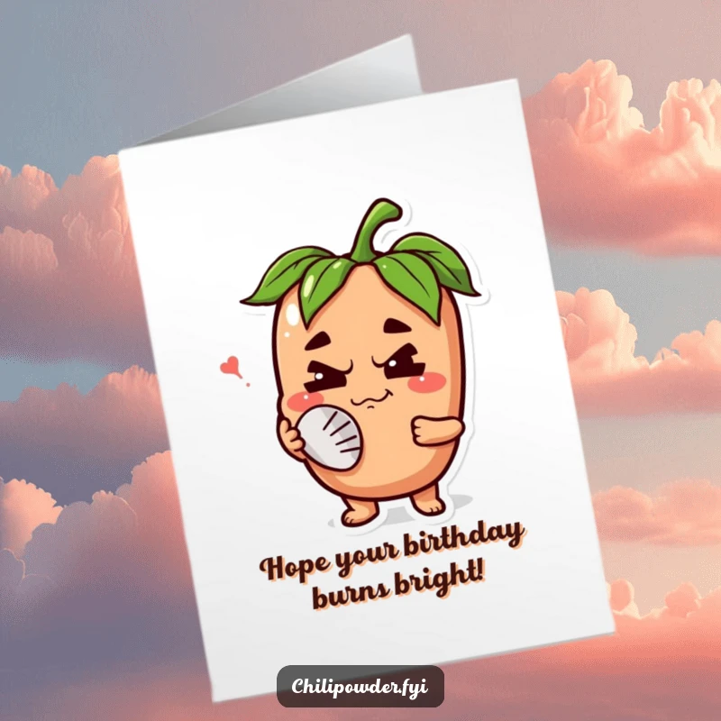 Funny Free Printable Birthday Card: A chili powder character has a happy grimace while fanning its face from heat.