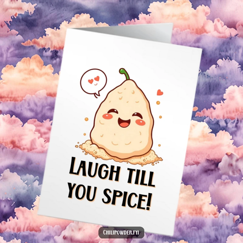 Funny Free Printable Birthday Card: A kawaii chili powder pile with a speech bubble, laughing heartily. Expresses pure, unadulterated joy and humor.
