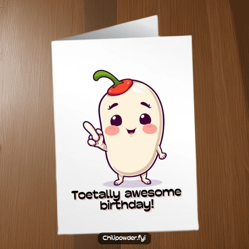Free Printable Birthday Card: Kawaii chili powder character striking a cute, playful pose with a pointed toe.