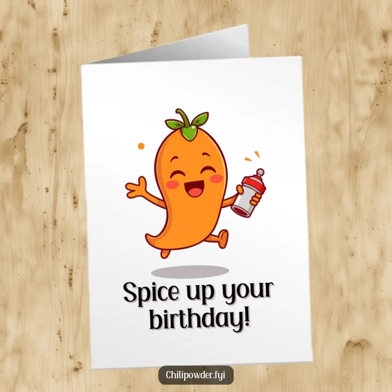 Funny Free Printable Birthday Card: A chili powder character leaps with excitement, shaking a spice shaker.