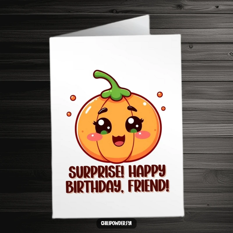 Funny Free Printable Birthday Card of a chili powder character wide-eyed in playful surprise, ready for a birthday shock.