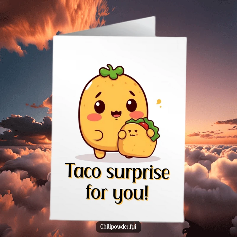 Funny Free Printable Birthday Card: Kawaii chili powder character looking surprised as a tiny taco sneaks up behind.