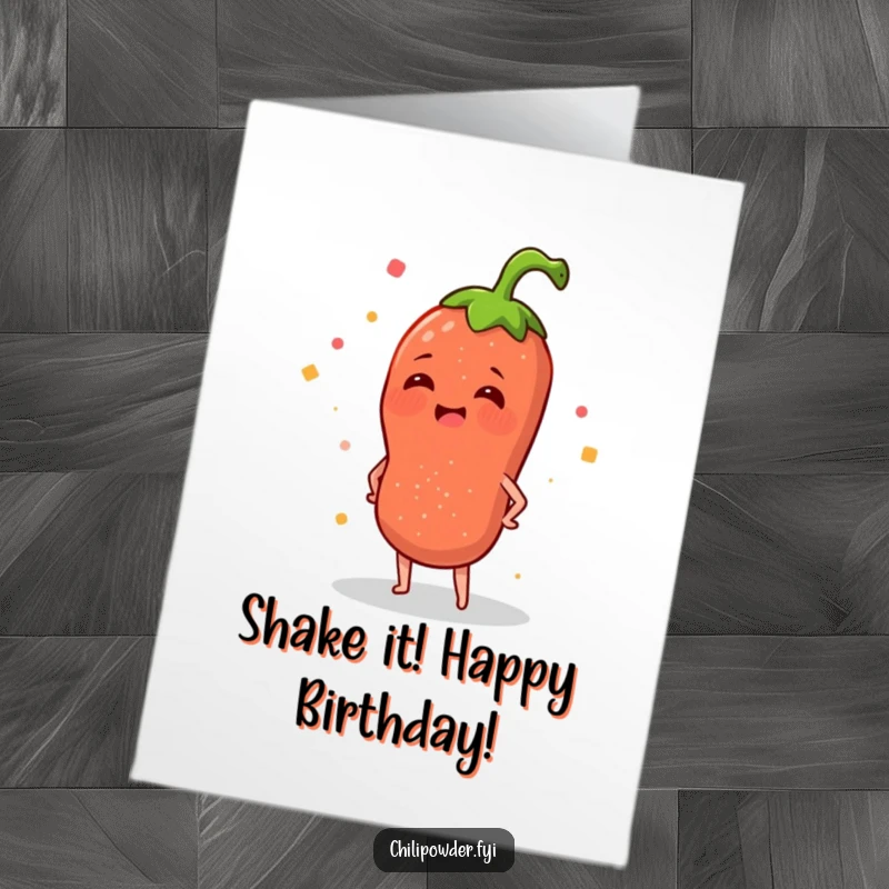 Funny free printable birthday card: a chili powder sprinkle wiggling its hips merrily. Joyful and amusing.