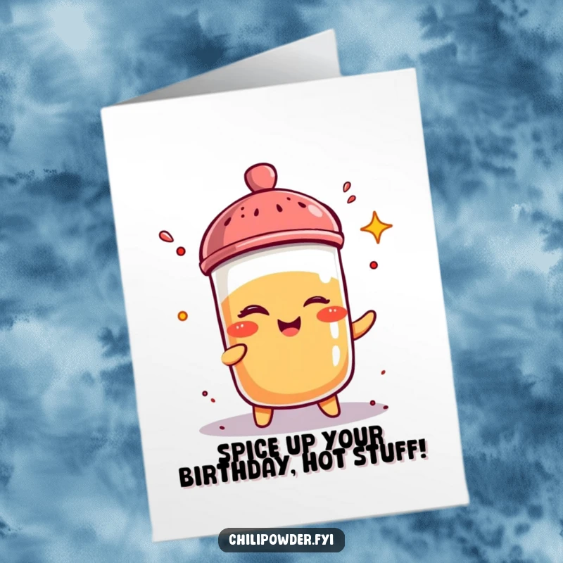 Funny Free Printable Birthday Card: A cheeky kawaii chili powder shaker winks while sprinkling itself, a spicy, downloadable gift.