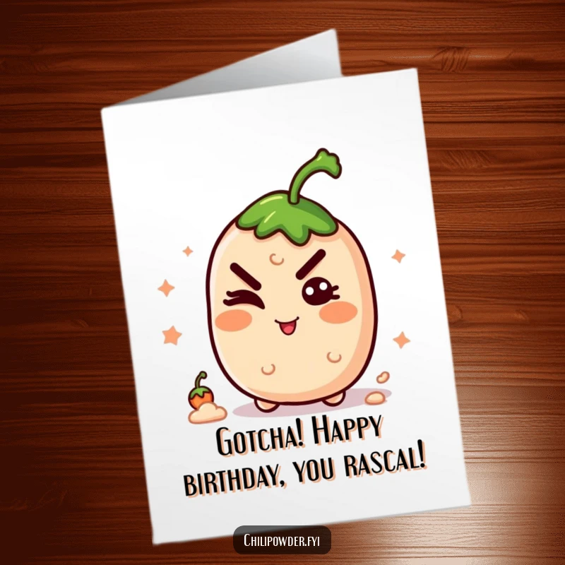 Funny Free Printable Birthday Card with a kawaii chili powder shaker winking mischievously. A cheeky and playful birthday sentiment.