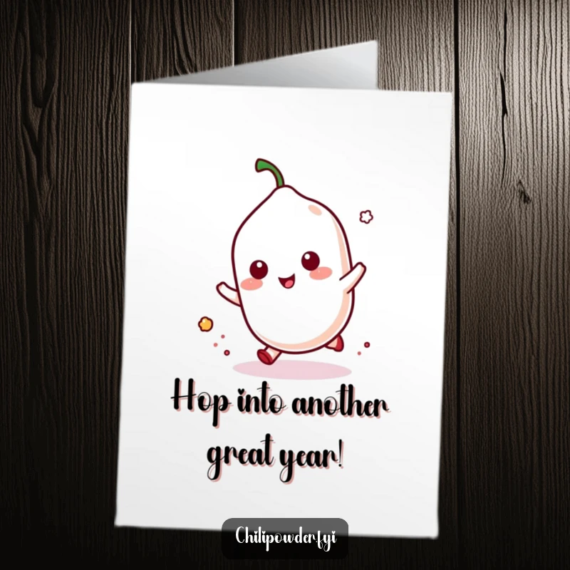 Funny Free Printable Birthday Card with a kawaii chili powder shaker mid-hop, releasing a puff of dust. Energetic and playful birthday wishes.