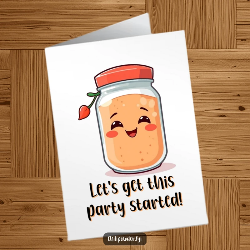 Funny Free Printable Birthday Card of a chili powder jar grinning and playfully tipping over, ready for fun.