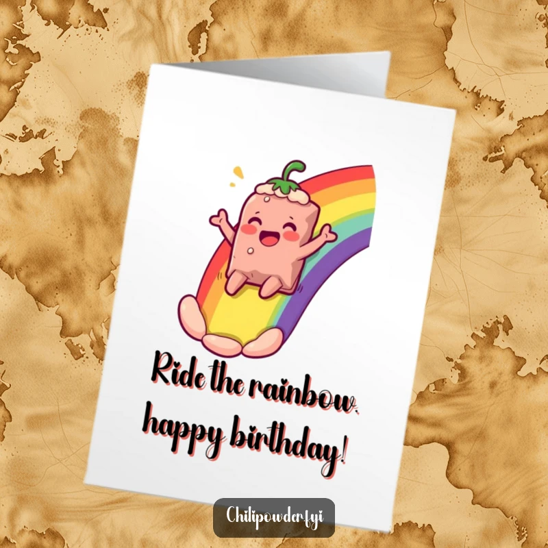 Funny Free Printable Birthday Card: Chili bag sliding down a rainbow, cheering with pure, comical delight.